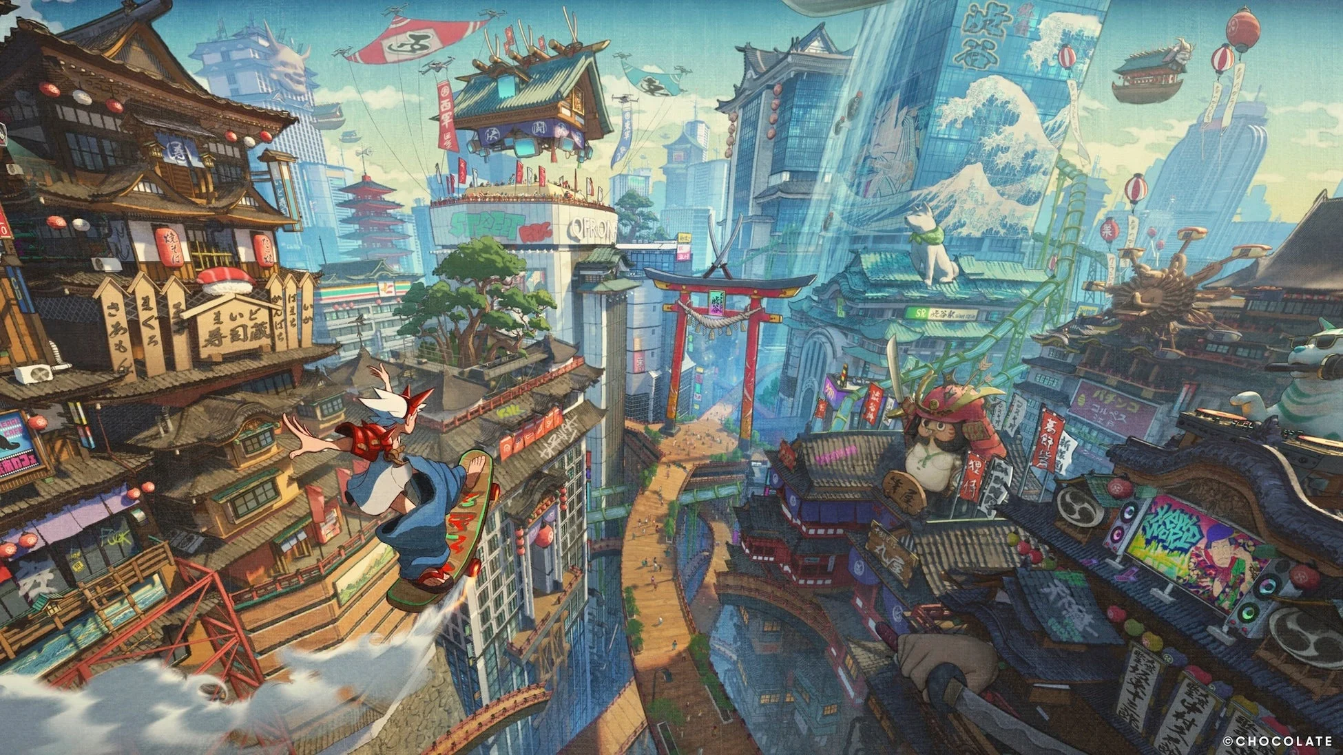 日本の伝統的な要素と未来的なテクノロジーが融合した、活気あふれるサイバーパンクな都市の風景。空中をホバーボードで滑空する人物を中心に、浮遊する建物や巨大な鳥居、寿司屋などが描かれている。