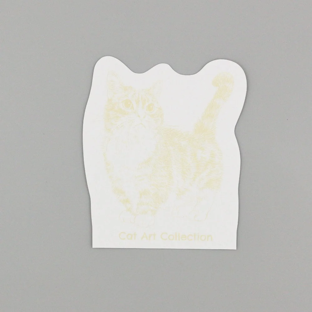 白い不規則な形の紙に薄い色で描かれた猫のイラスト
