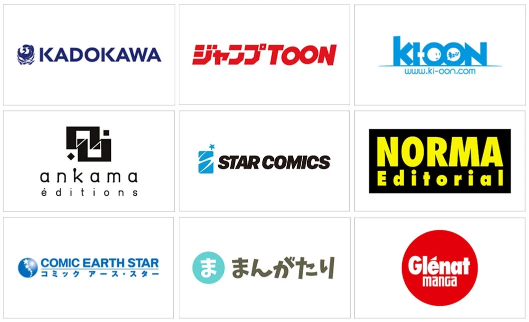 KADOKAWA、ジャンプTOONなど、国内外の主要な漫画出版社やコミックレーベルのロゴ