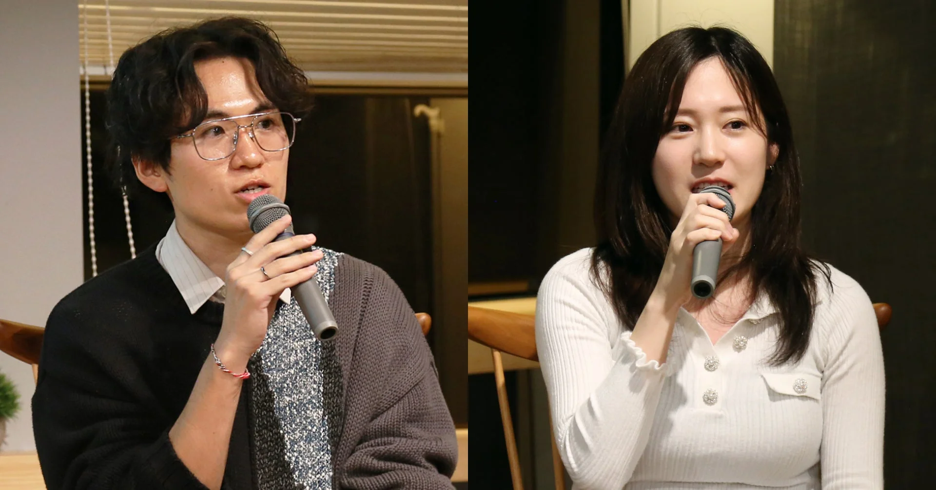 マイクを持って話している2人の人物、男性と女性