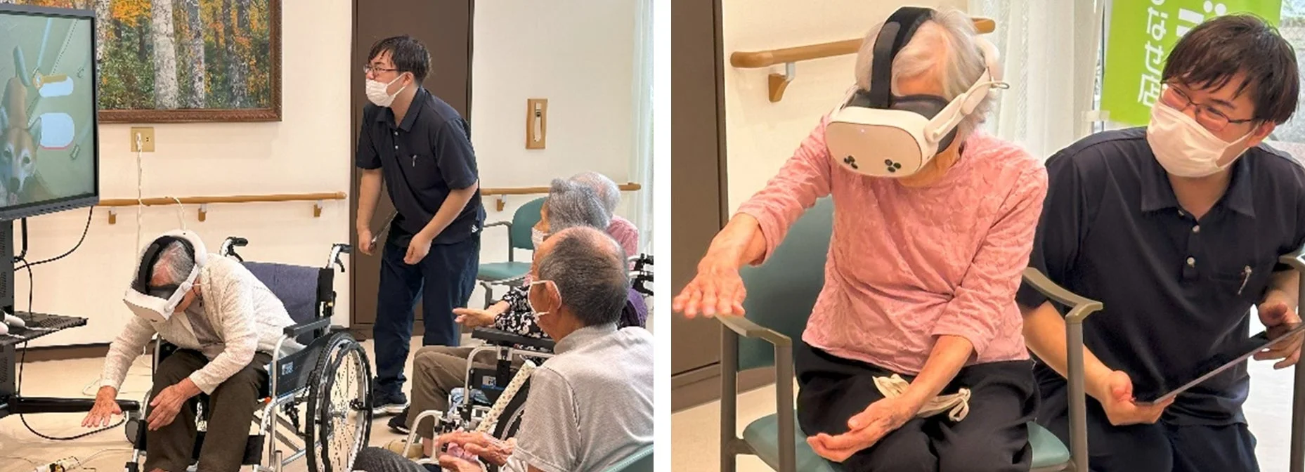 介護施設で「いつでもワンちゃん」を体験する高齢者たち