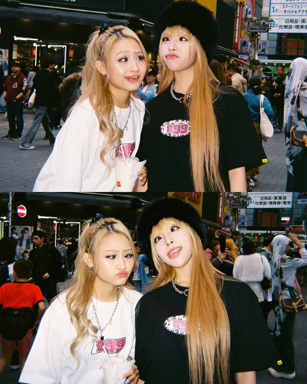 夜の街でポーズをとるギャルファッションの女性二人