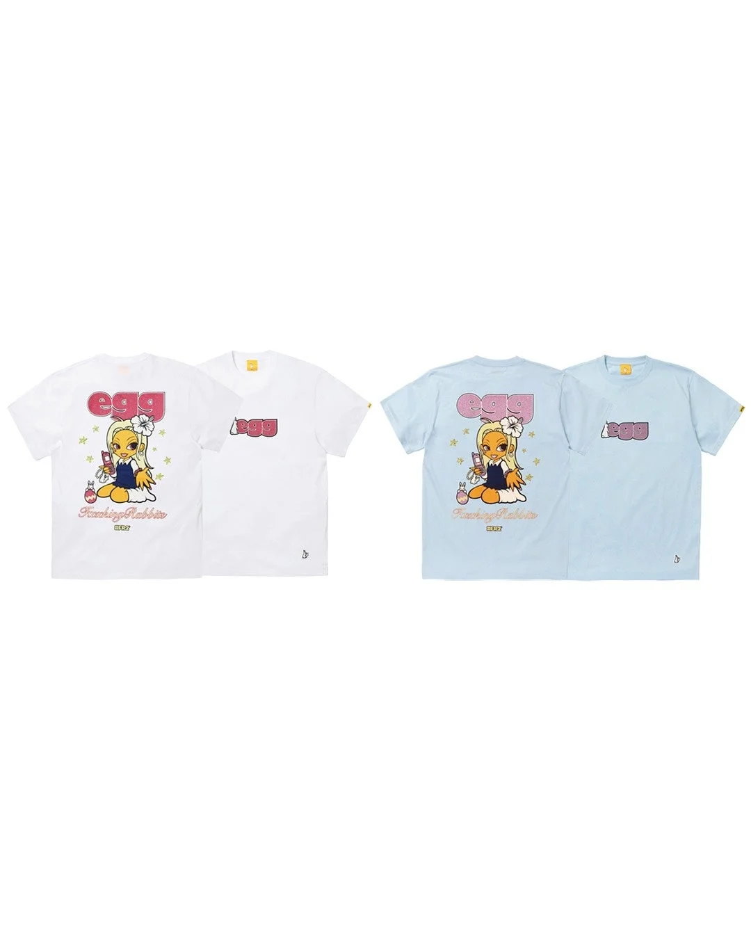 eggロゴとキャラクターがデザインされたTシャツの白とライトブルー