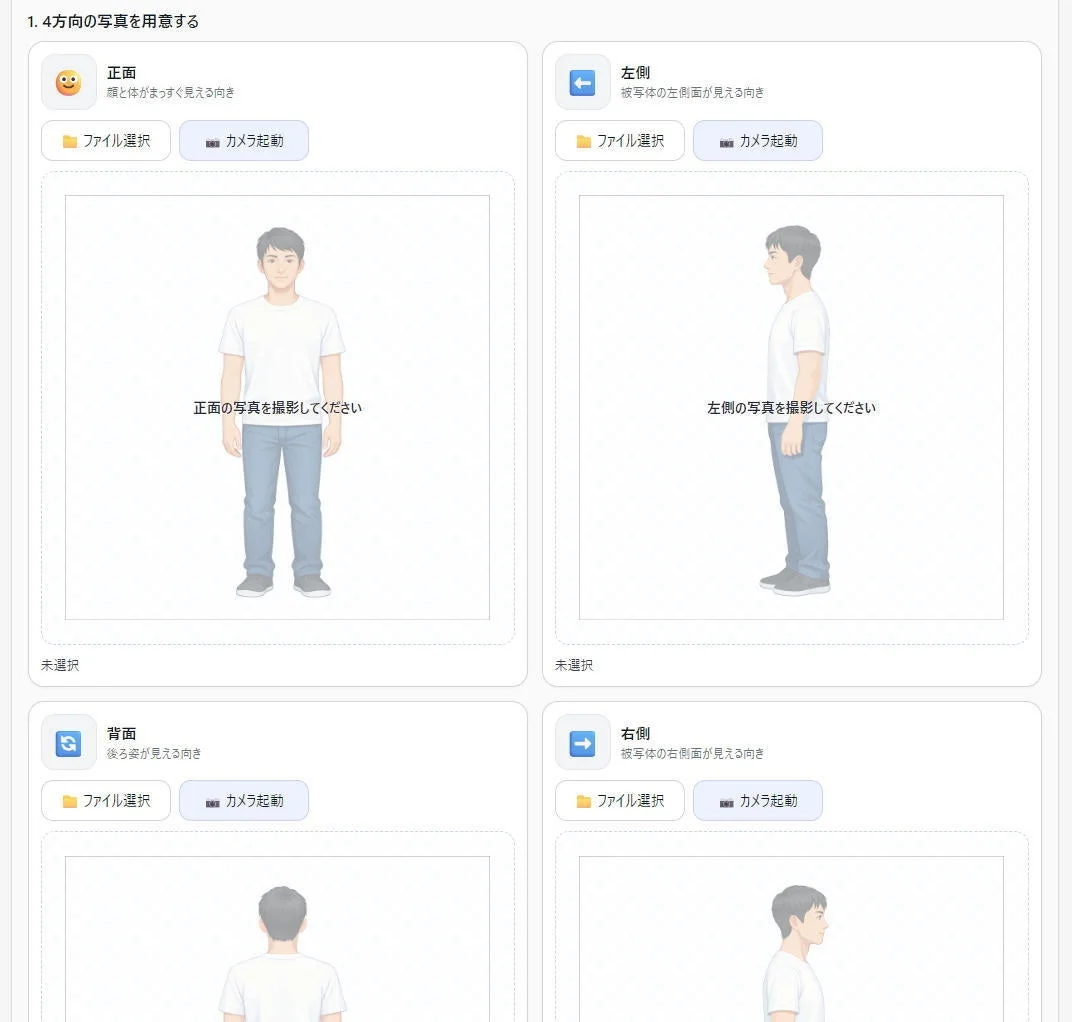 4方向からの写真撮影を指示する画面