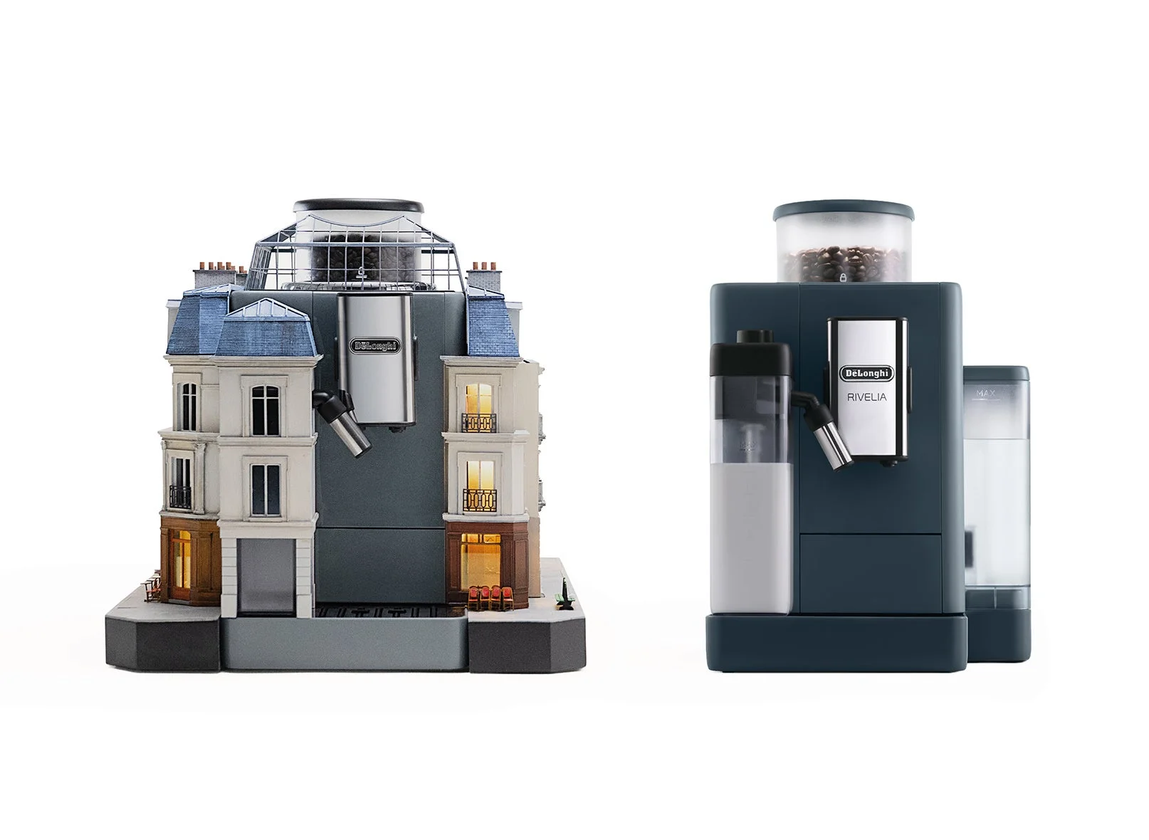 デロンギ RIVELIA MAXと建物型デザインのコーヒーメーカー