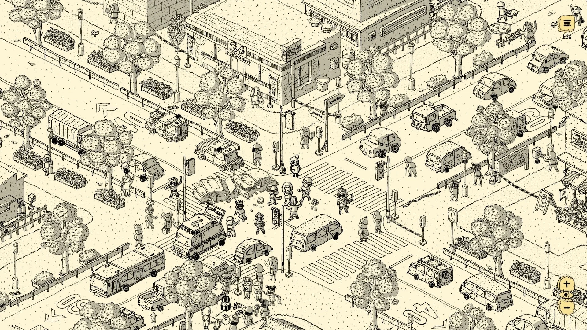 手描き風のアイソメトリックな街のイラスト。