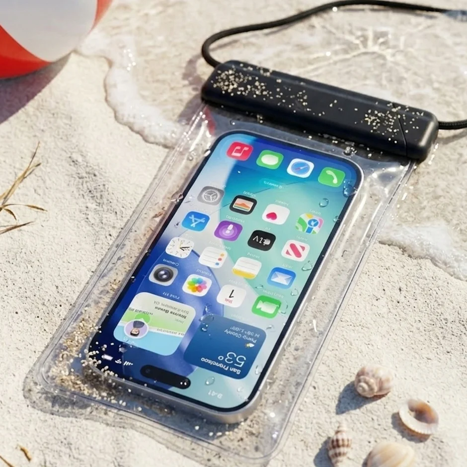 砂浜で防水ケースに入ったスマートフォン