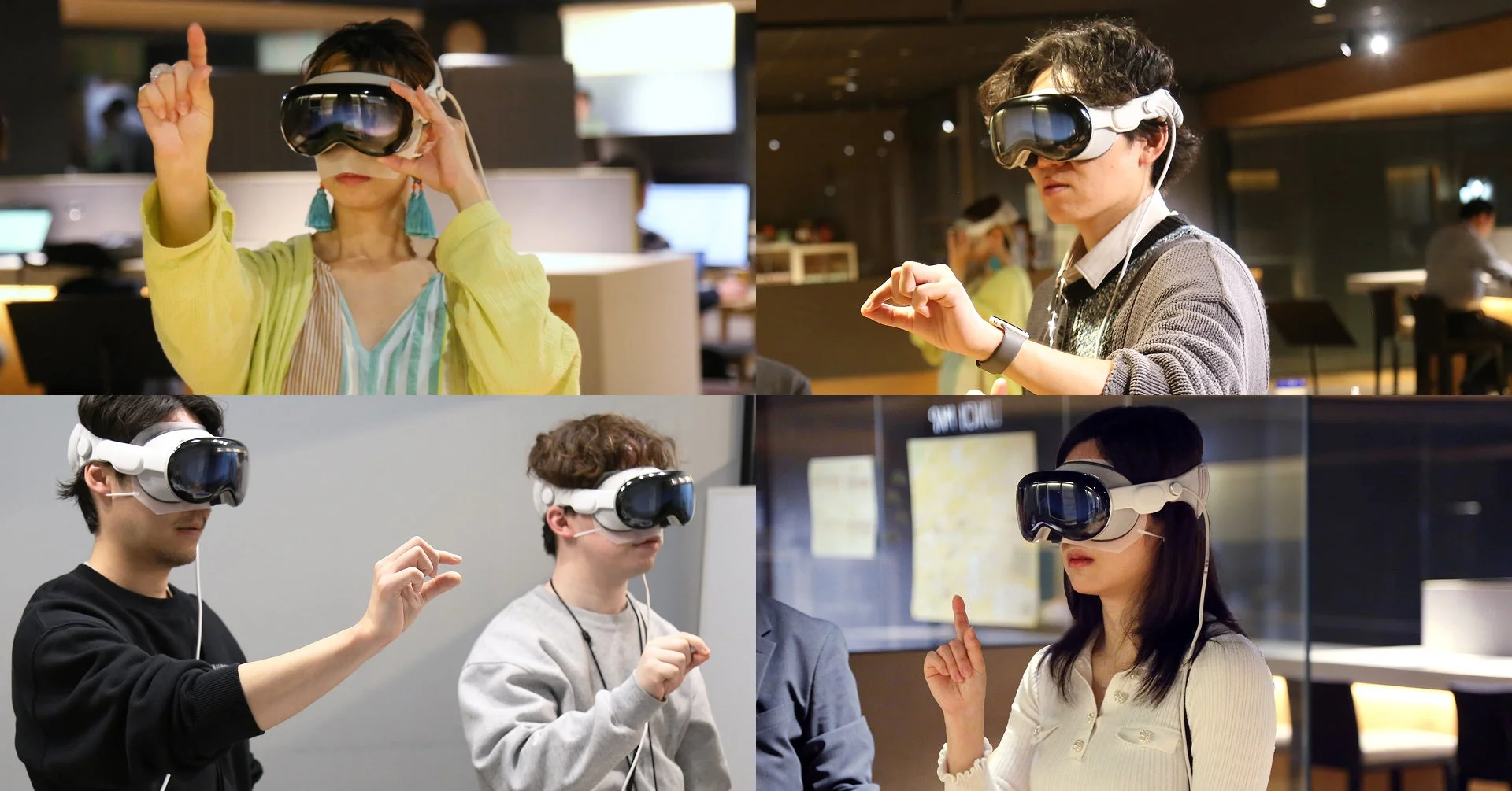 VR/ARヘッドセットを装着した4人の人々が、仮想空間や拡張現実のコンテンツを体験している様子
