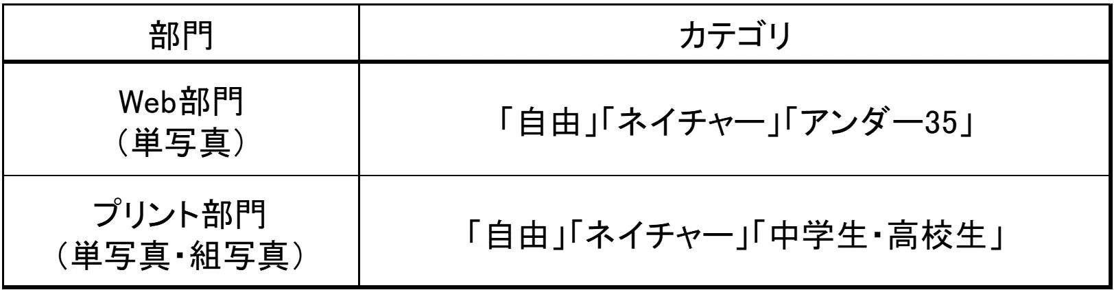Web部門とプリント部門における写真のカテゴリ分けを示した表