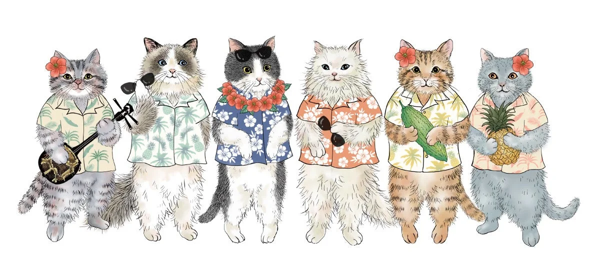 かりゆしウェアを着た6匹の猫のイラスト