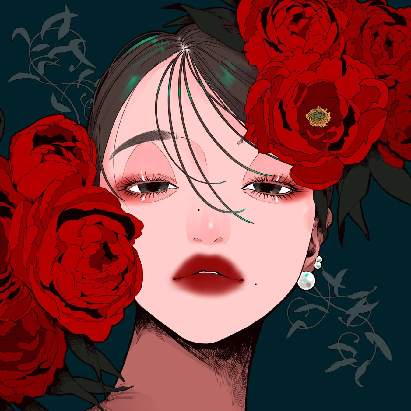 女性と牡丹のイラスト