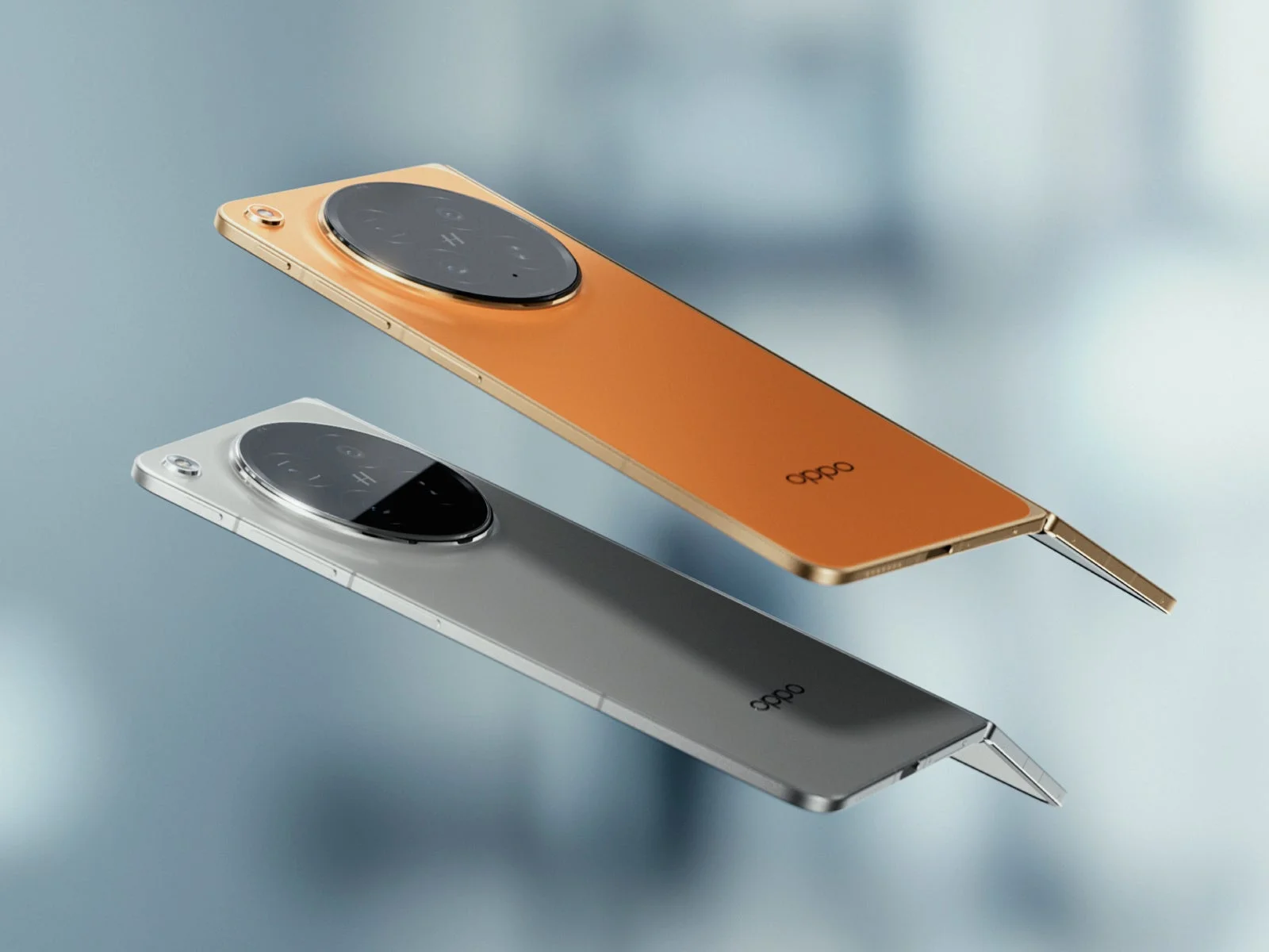OPPO折りたたみスマートフォンのゴールドとシルバーのレンダリング画像