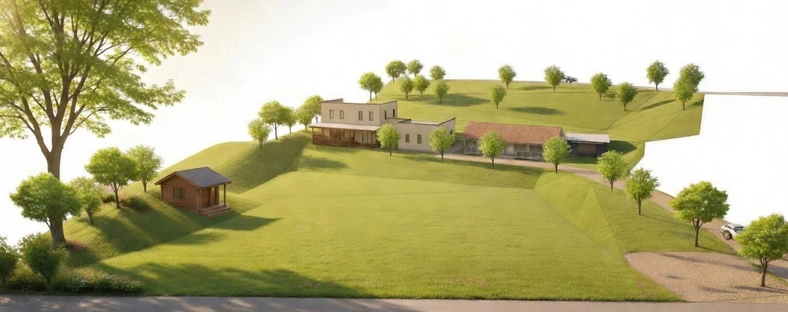 緑豊かな丘陵地帯に複数の家屋が点在する風景模型