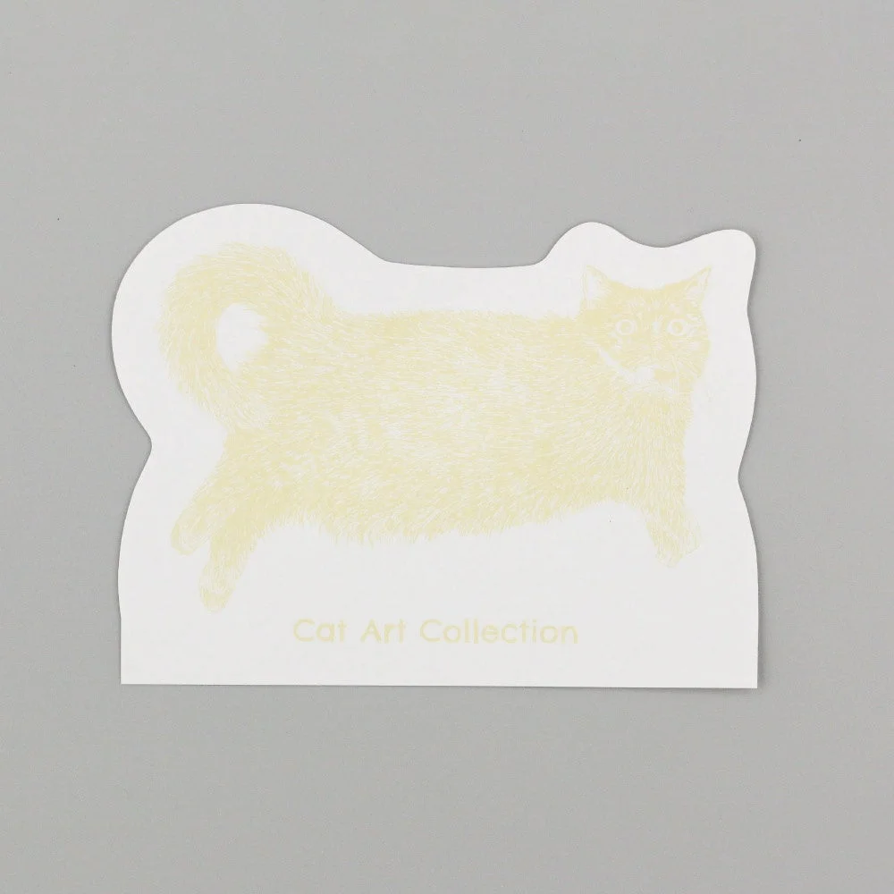 白い猫型の台紙に淡い黄色の線画で描かれた猫のイラスト