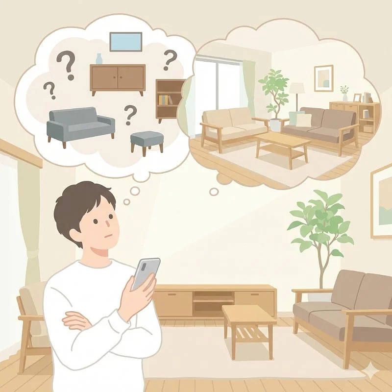 部屋のインテリアについて考える男性のイラスト