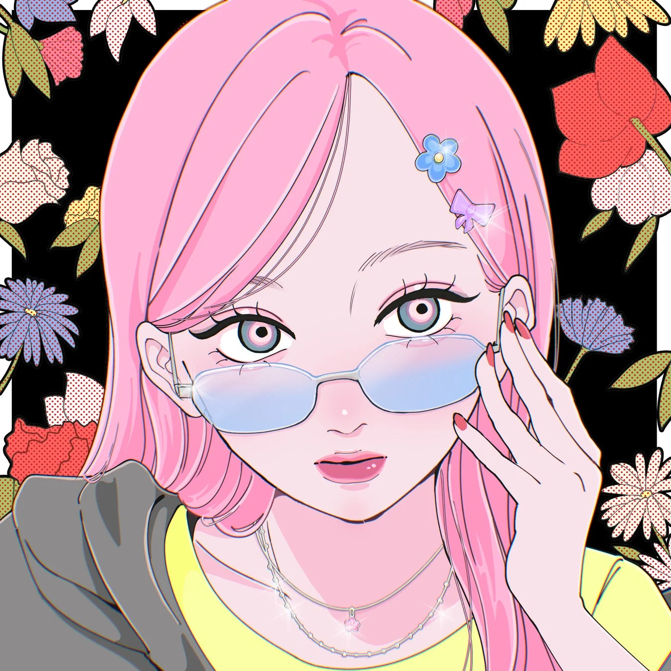 ピンク髪の女性と花のイラスト