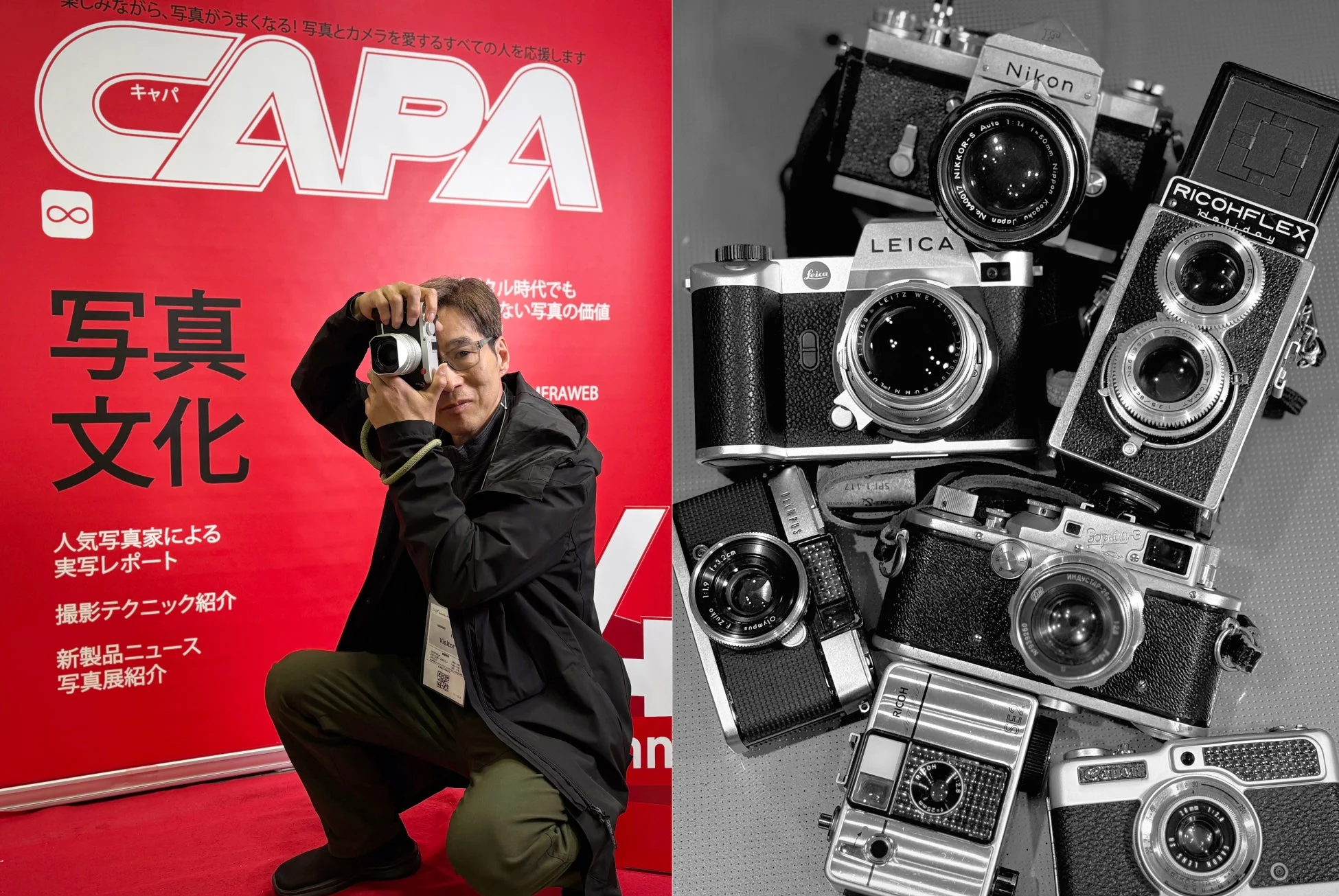 様々なヴィンテージカメラが積まれた作品