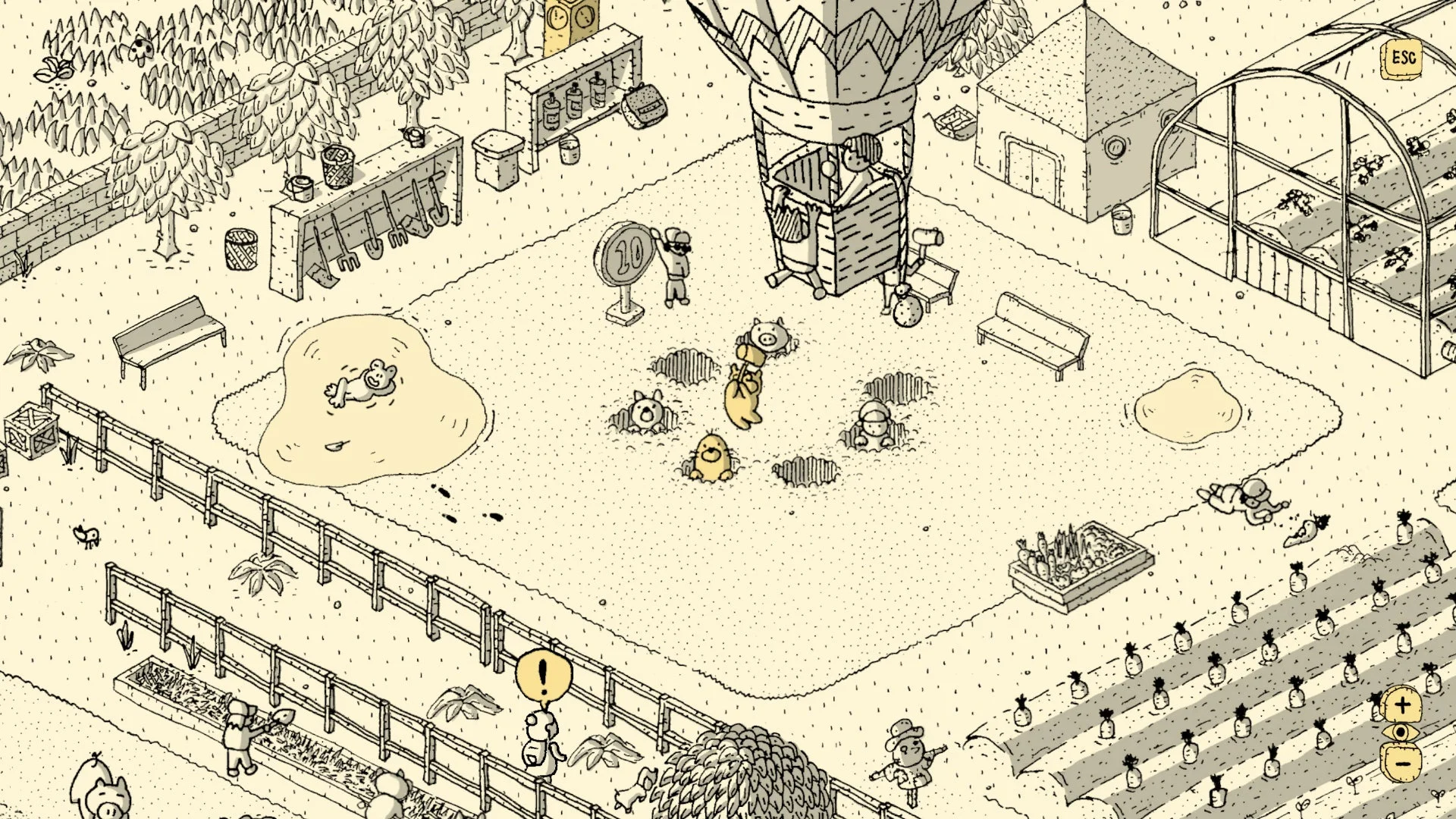 モノクロと黄色のアクセントで描かれた、等角投影視点ののどかな農場風景。