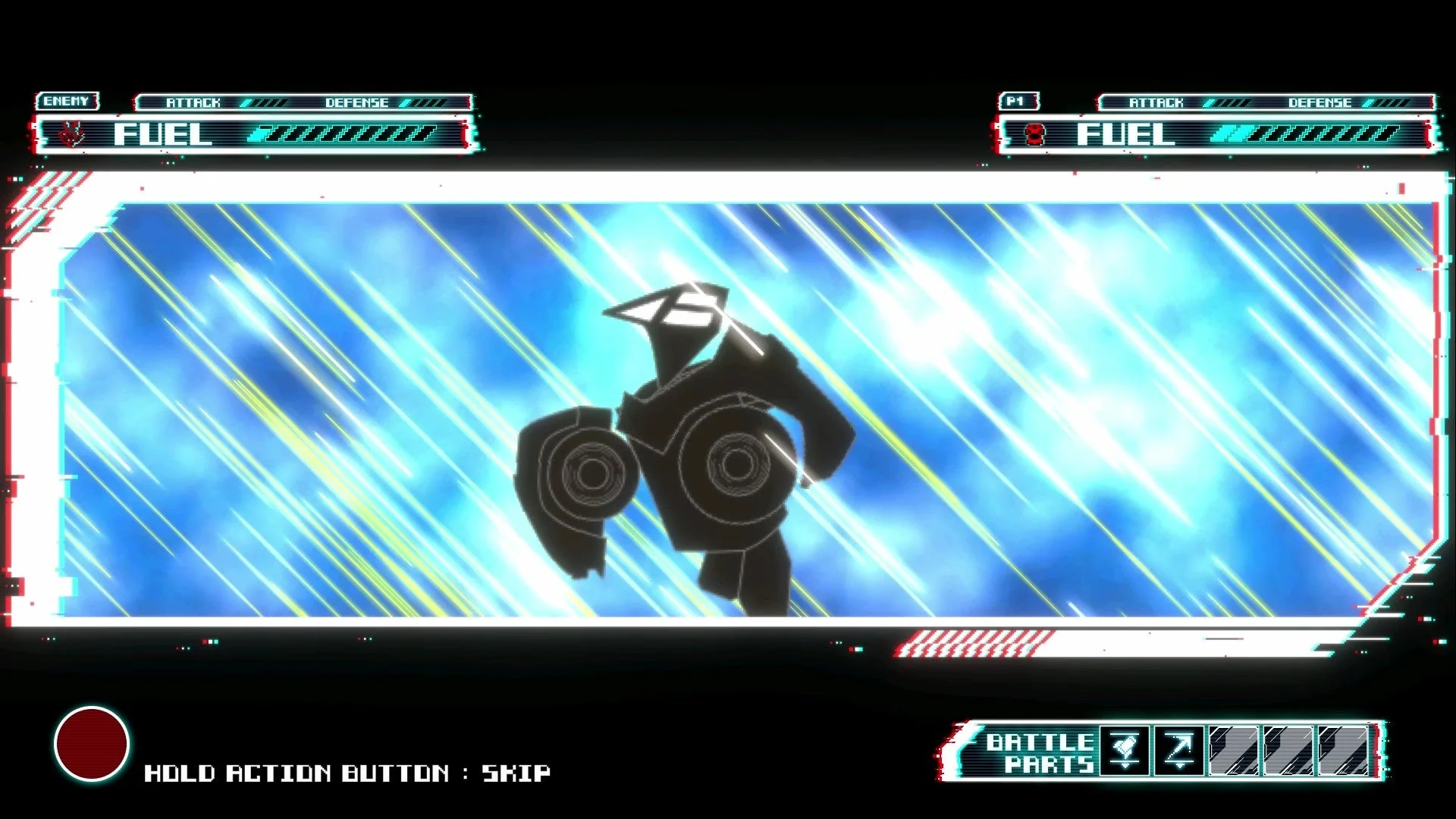 ビデオゲームの戦闘画面で、青い光のエフェクトを背景に黒いロボットのようなキャラクターが中央に描かれています