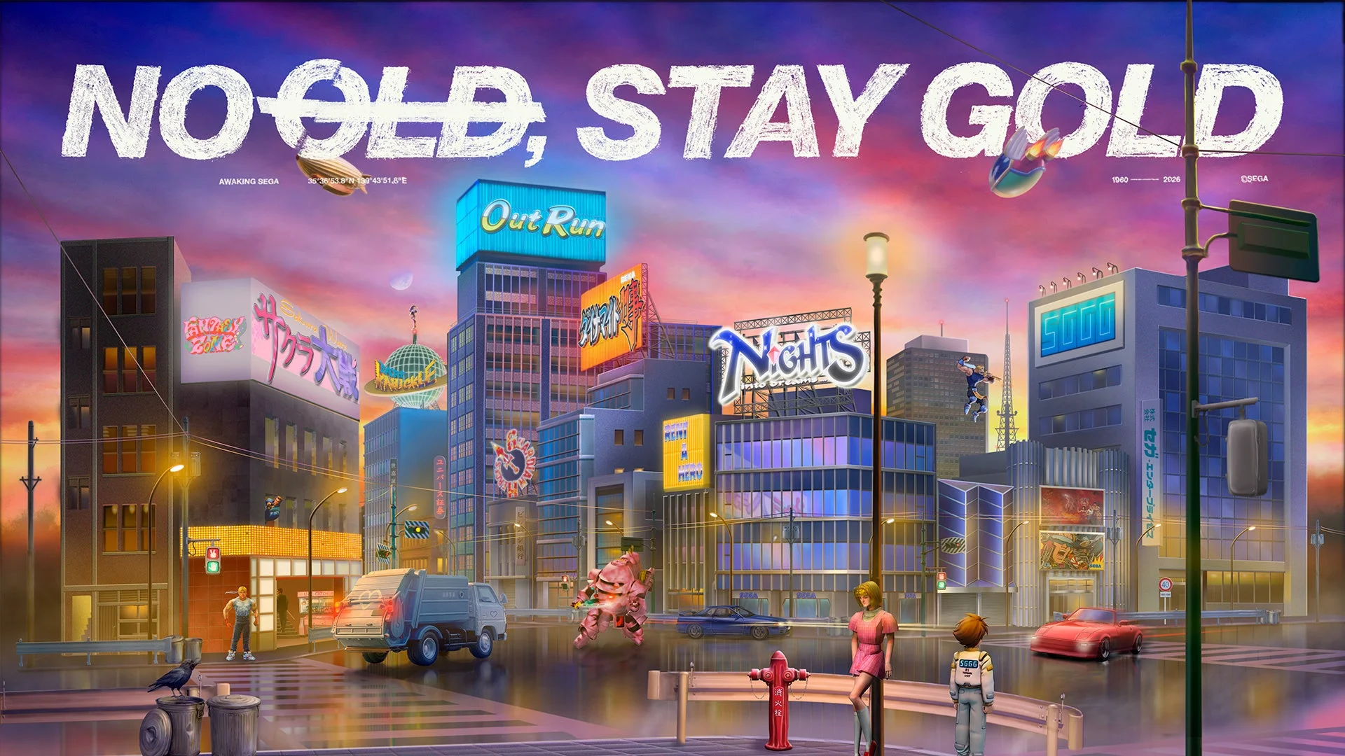 NO OLD, STAY GOLDを掲げ、夕焼けの都市にセガの歴代ゲームキャラクターやロゴが溢れるアート。レトロと未来が融合した、ノスタルジーと活気ある幻想的な街並みが描かれている。