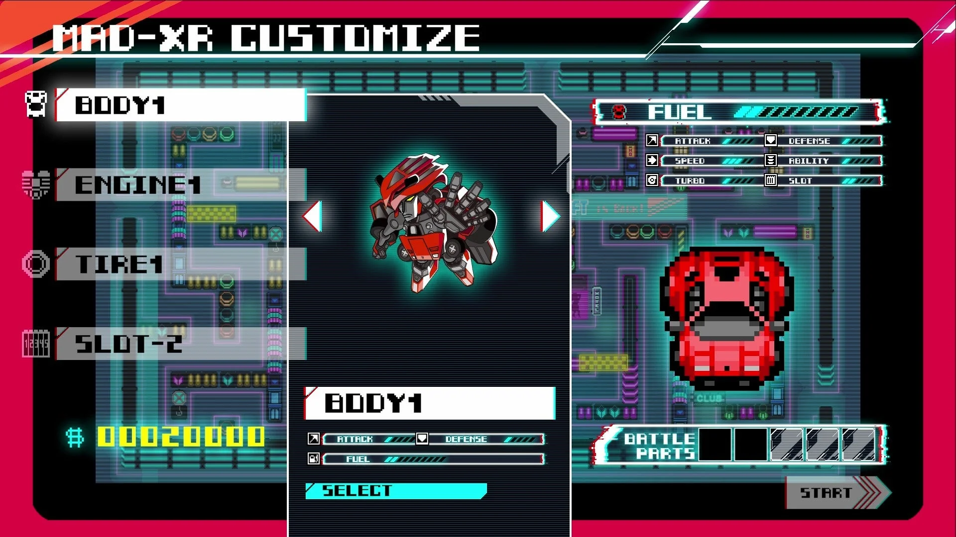 メカと車のカスタマイズ画面が表示されたゲームのスクリーンショット