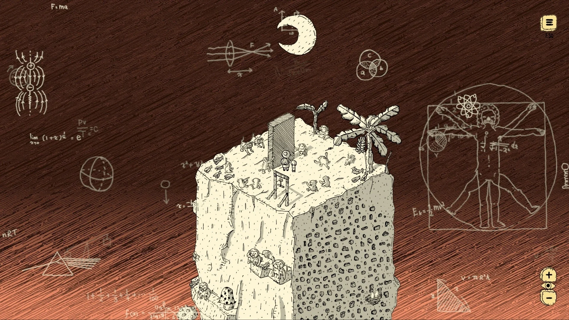 科学的な数式や図形が背景に描かれた、手描き風のゲーム画面のようなイラスト。