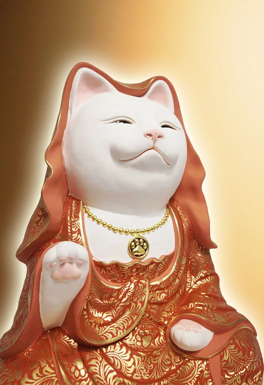 赤色の衣装をまとった猫の置物