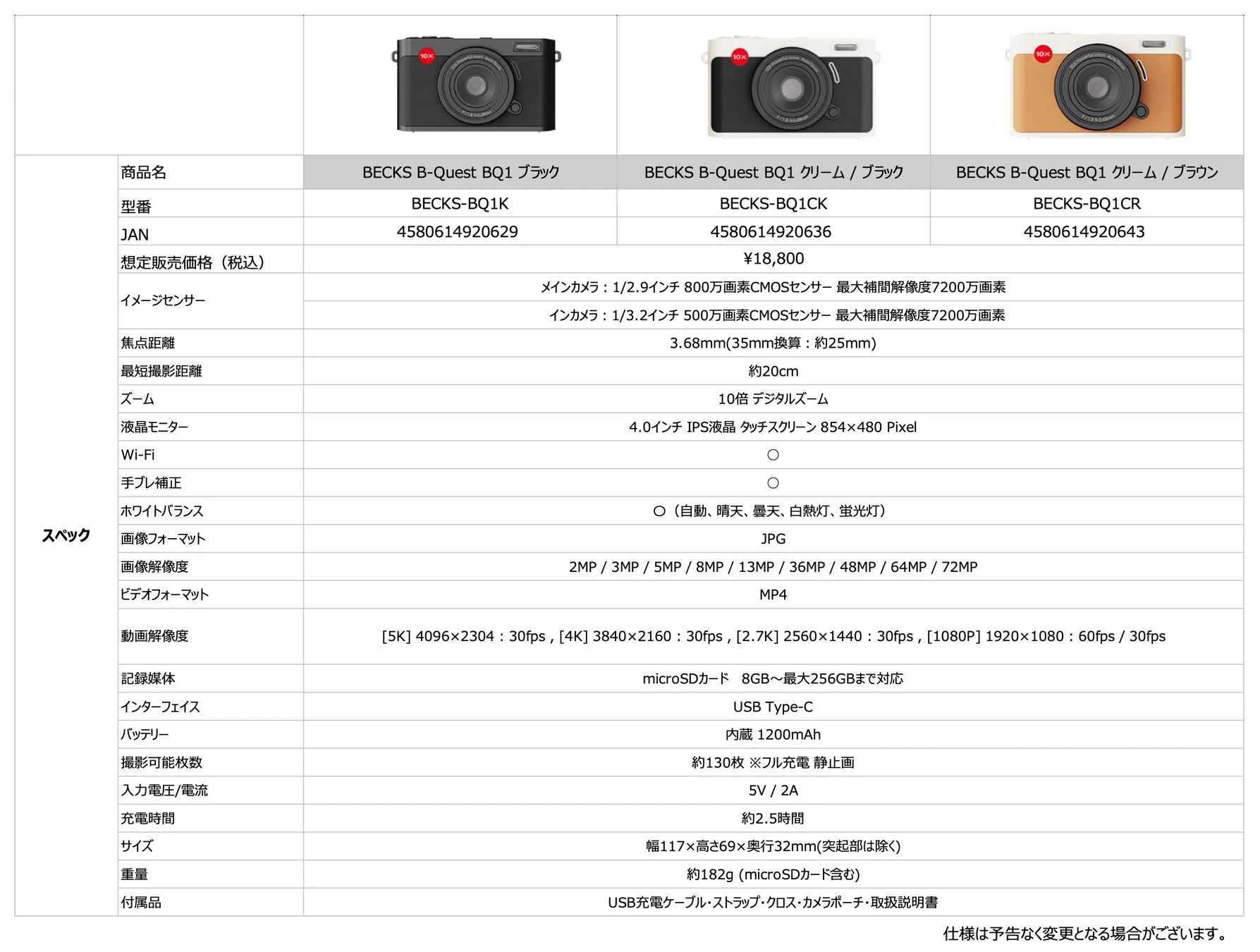 BECKS B-Quest BQ1 製品仕様