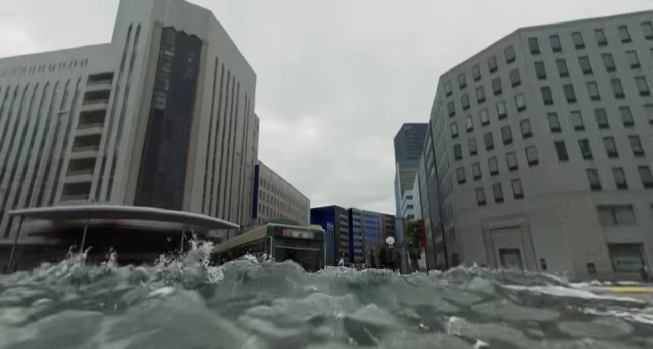 水没した都市の街路を走るバス