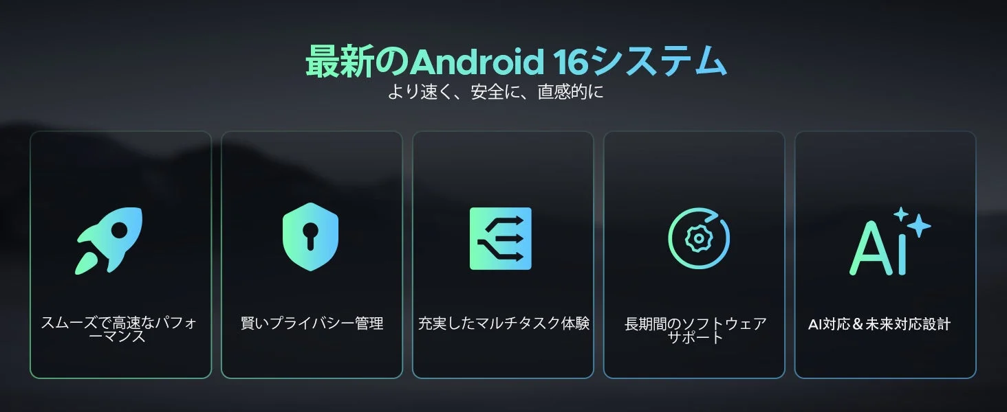 最新のAndroid 16システム より速く、安全に、直感的に スムーズで高速なパフォーマンス 賢いプライバシー管理 充実したマルチタスク体験 長期間のソフトウェアサポート AI対応 & 未来対応設計