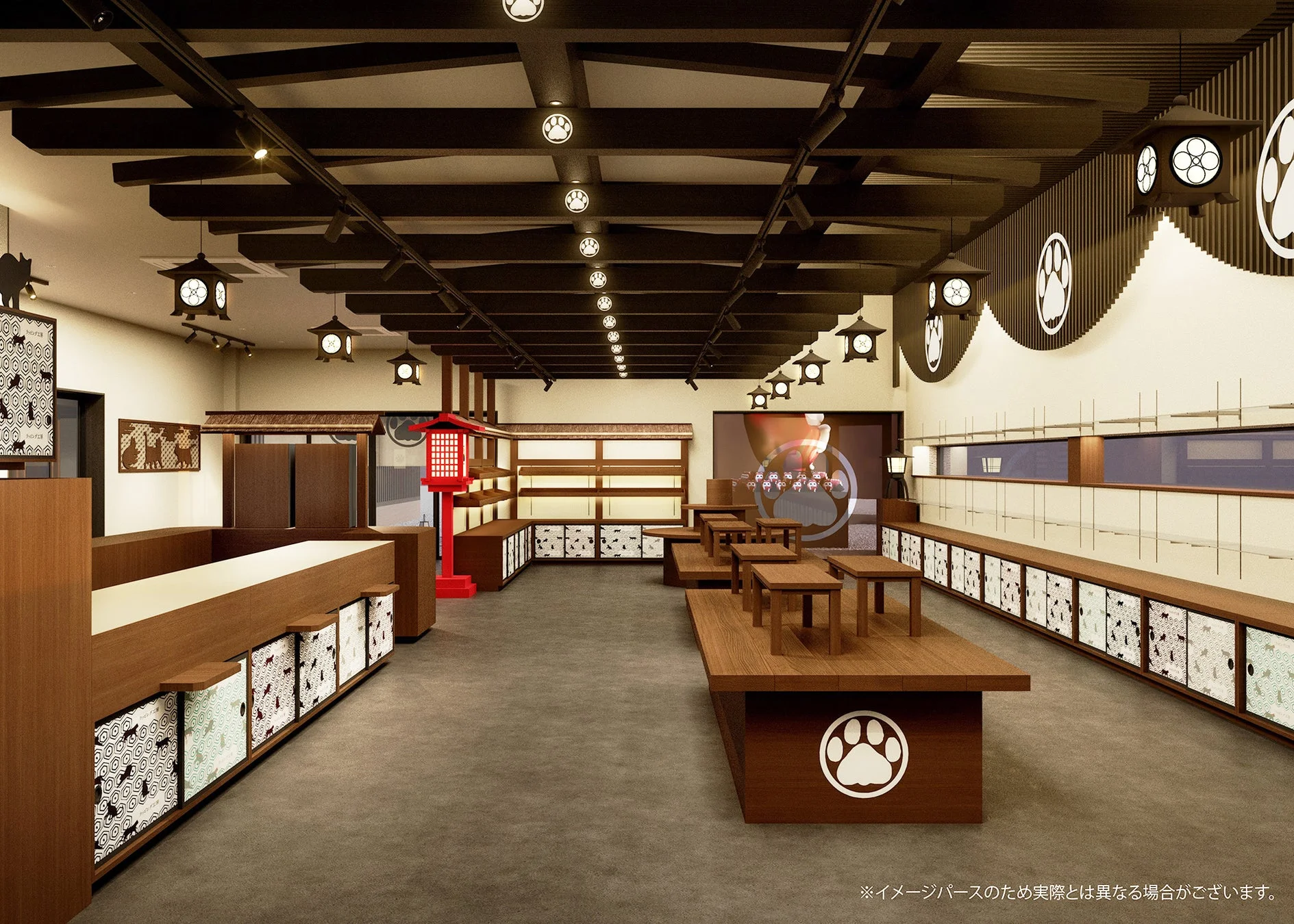 猫と肉球をテーマにした和風店舗デザインのイメージパース