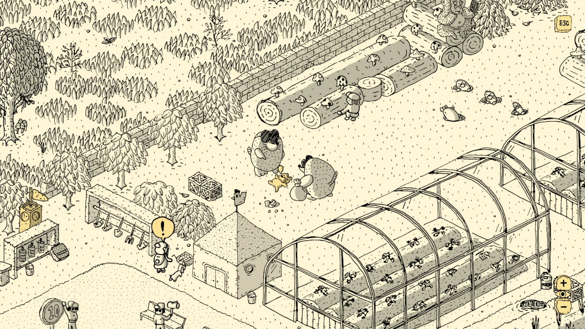 手描き風のモノクロームなアイソメトリック視点のゲーム画面、農場のような場所。