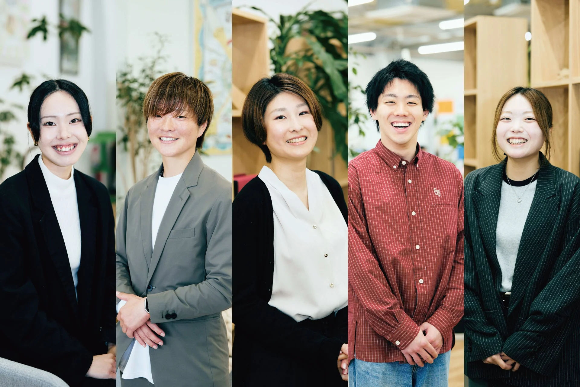 オフィスで笑顔を見せる5人の男女