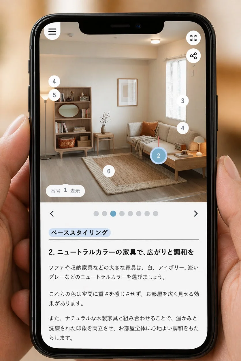 スマートフォンに表示されたインテリアスタイリングのアドバイス