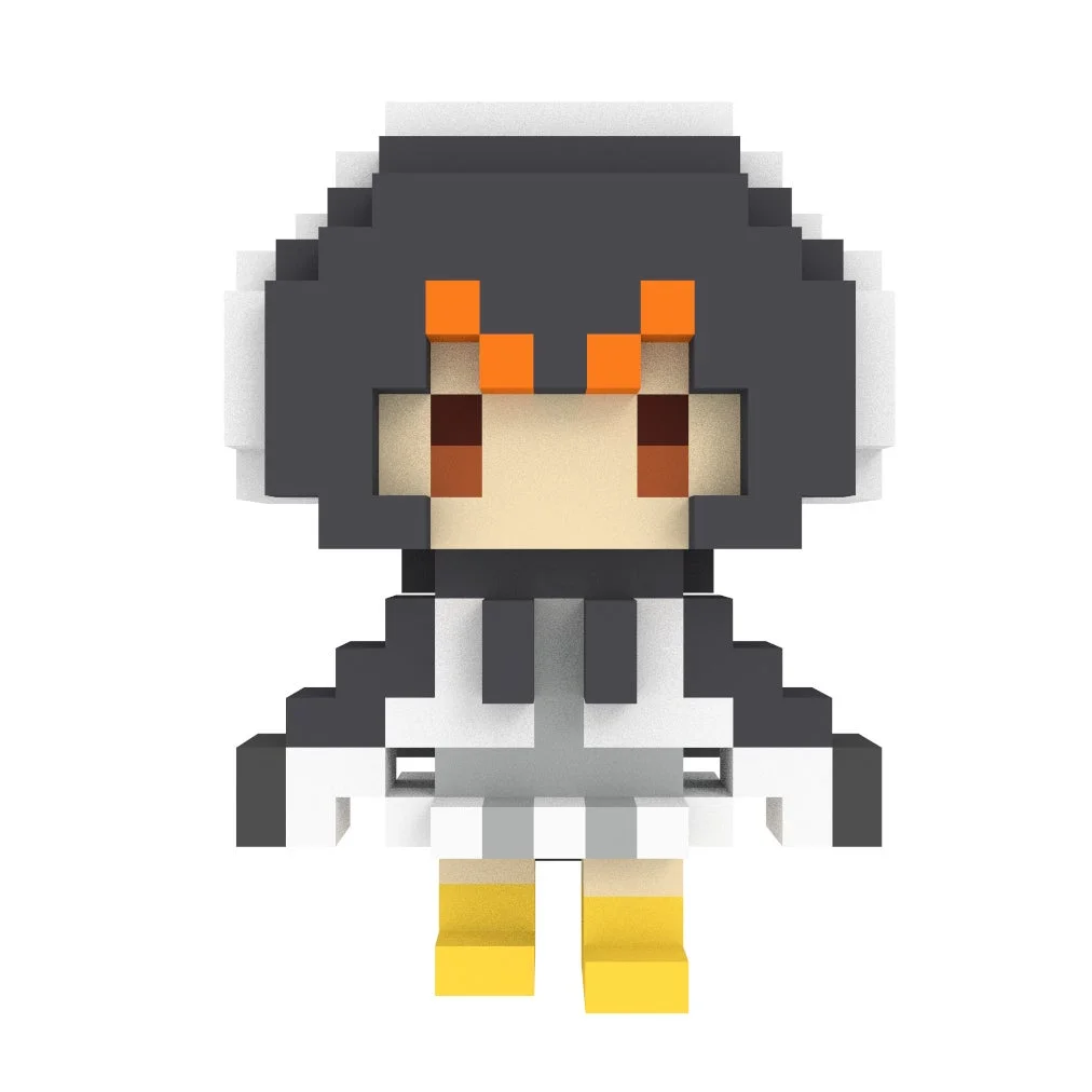 オレンジ色の髪とペンギンを思わせるデフォルメされたピクセルアートキャラクター
