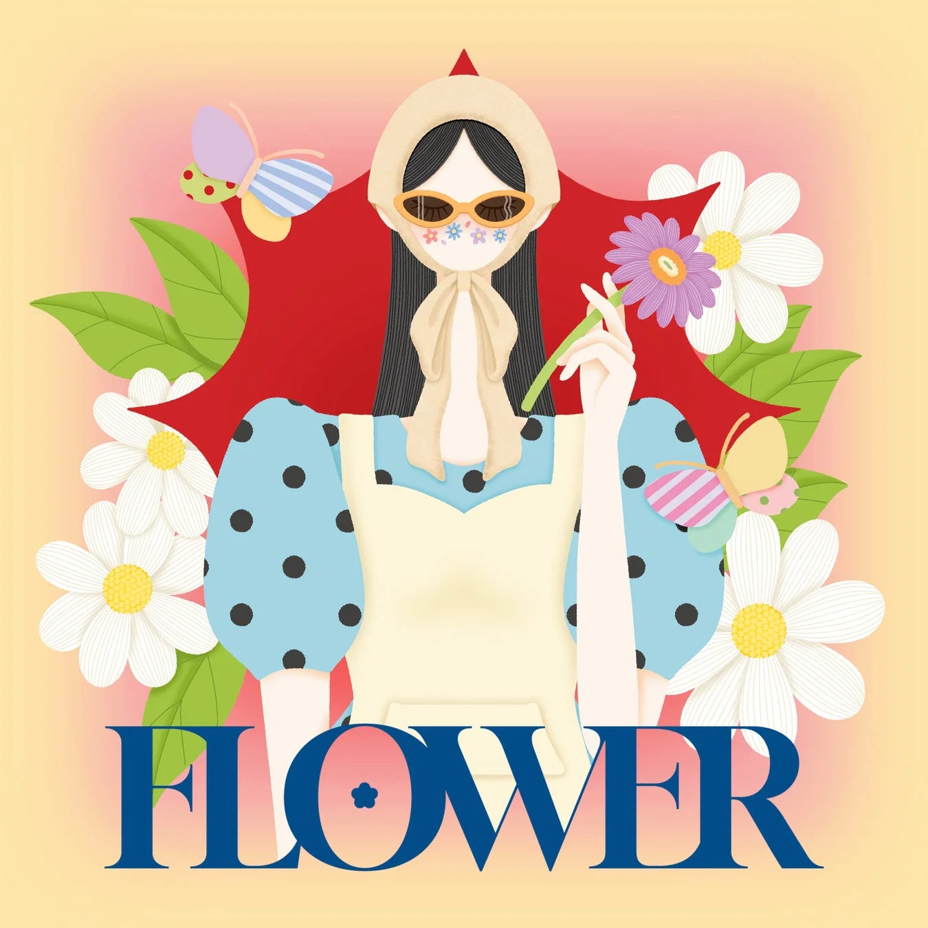 花と蝶と女性のイラスト