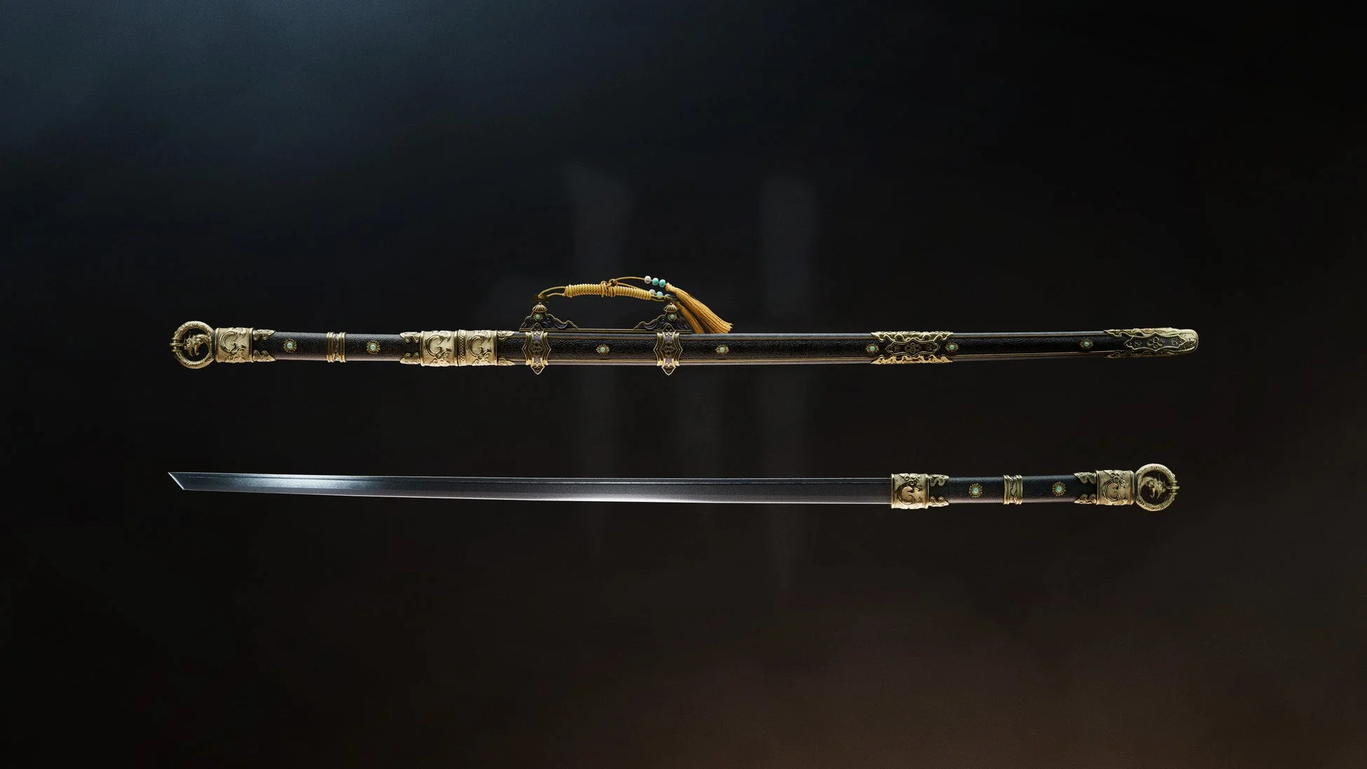 黒い背景に、精巧な装飾が施された刀とその鞘が並べて置かれています。鞘には金色の金具と房飾りが付いており、刀身の一部が鞘から抜き出された状態で展示されています。