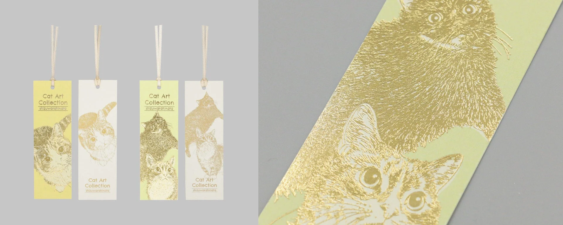 金色の箔押しで施された猫のイラストのブックマーク