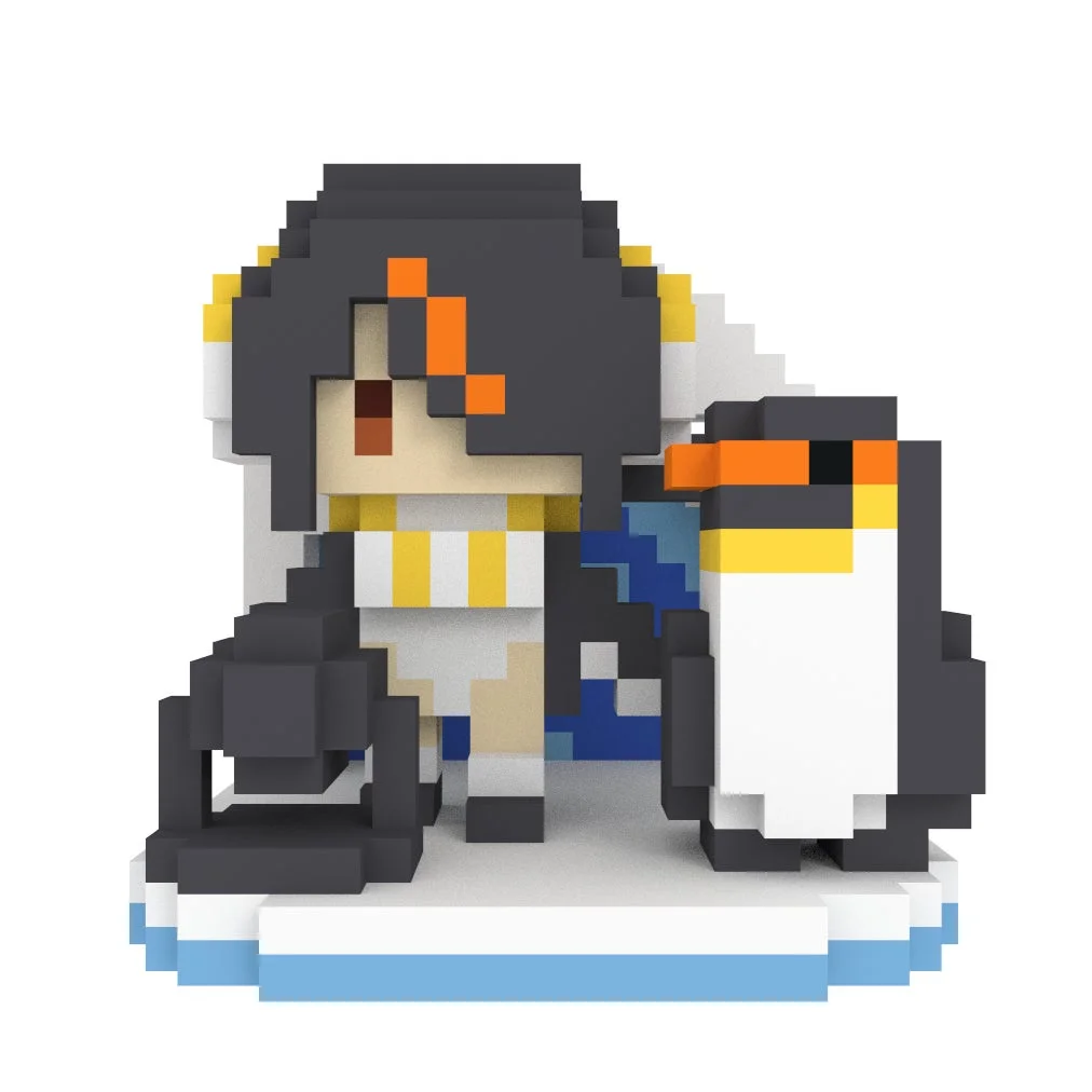 黒髪と黄色い縞模様の服を着たキャラクターとペンギンのフィギュア