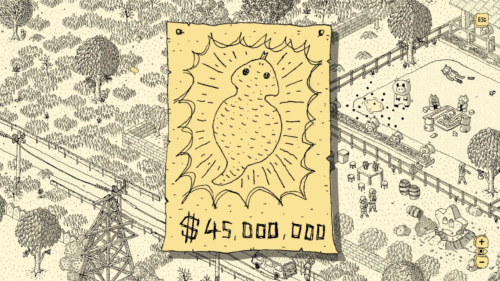 手描き風のアイソメトリックなイラスト。懸賞金ポスターと豚がいる農場風景。