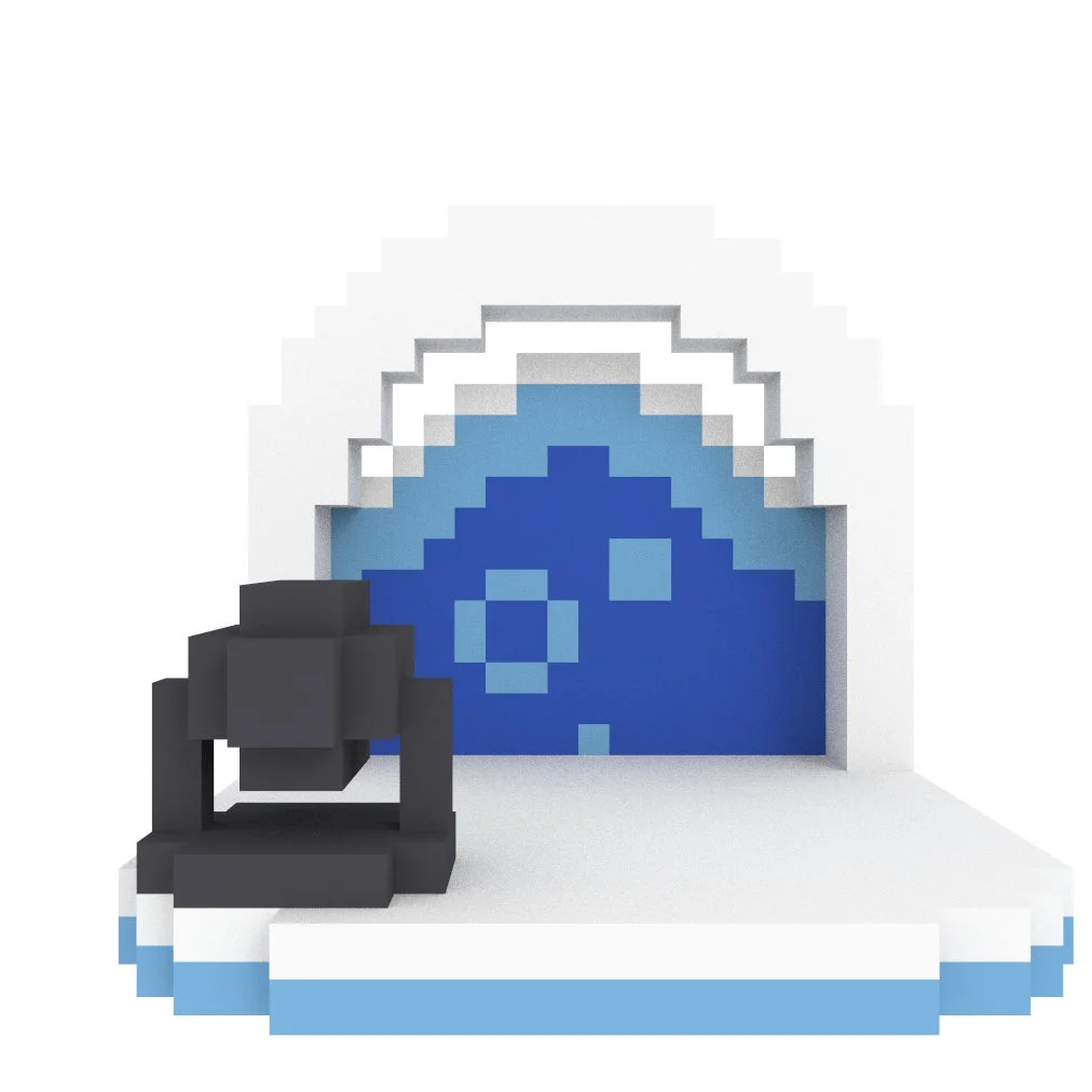 ピクセルアート調のステージにスポットライトが置かれた3Dレンダリング画像