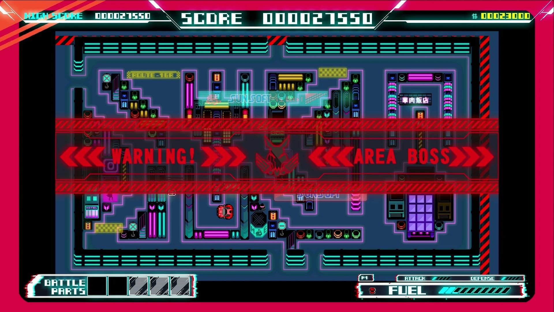 ネオンカラーのピクセルアートで描かれたビデオゲームのマップ画面