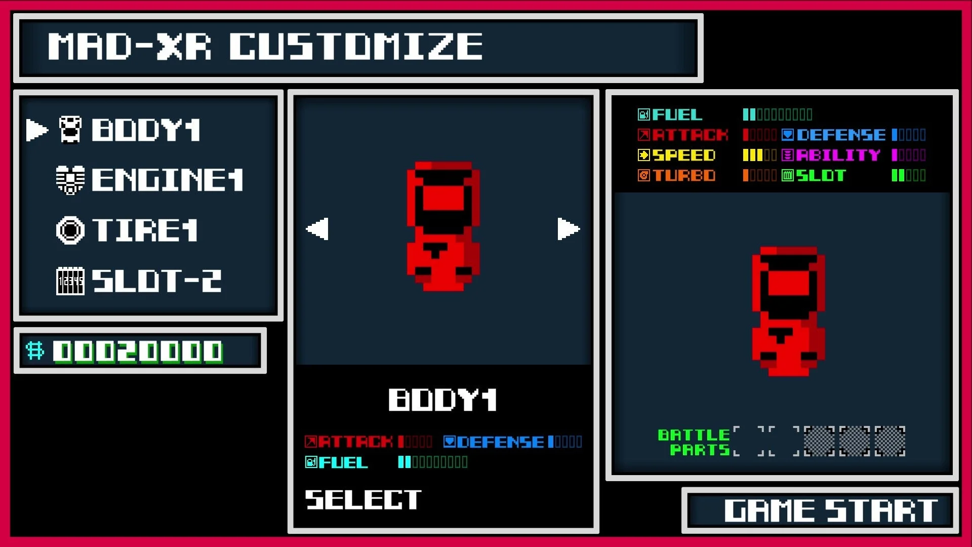 ピクセルアート風のゲームのカスタマイズ画面