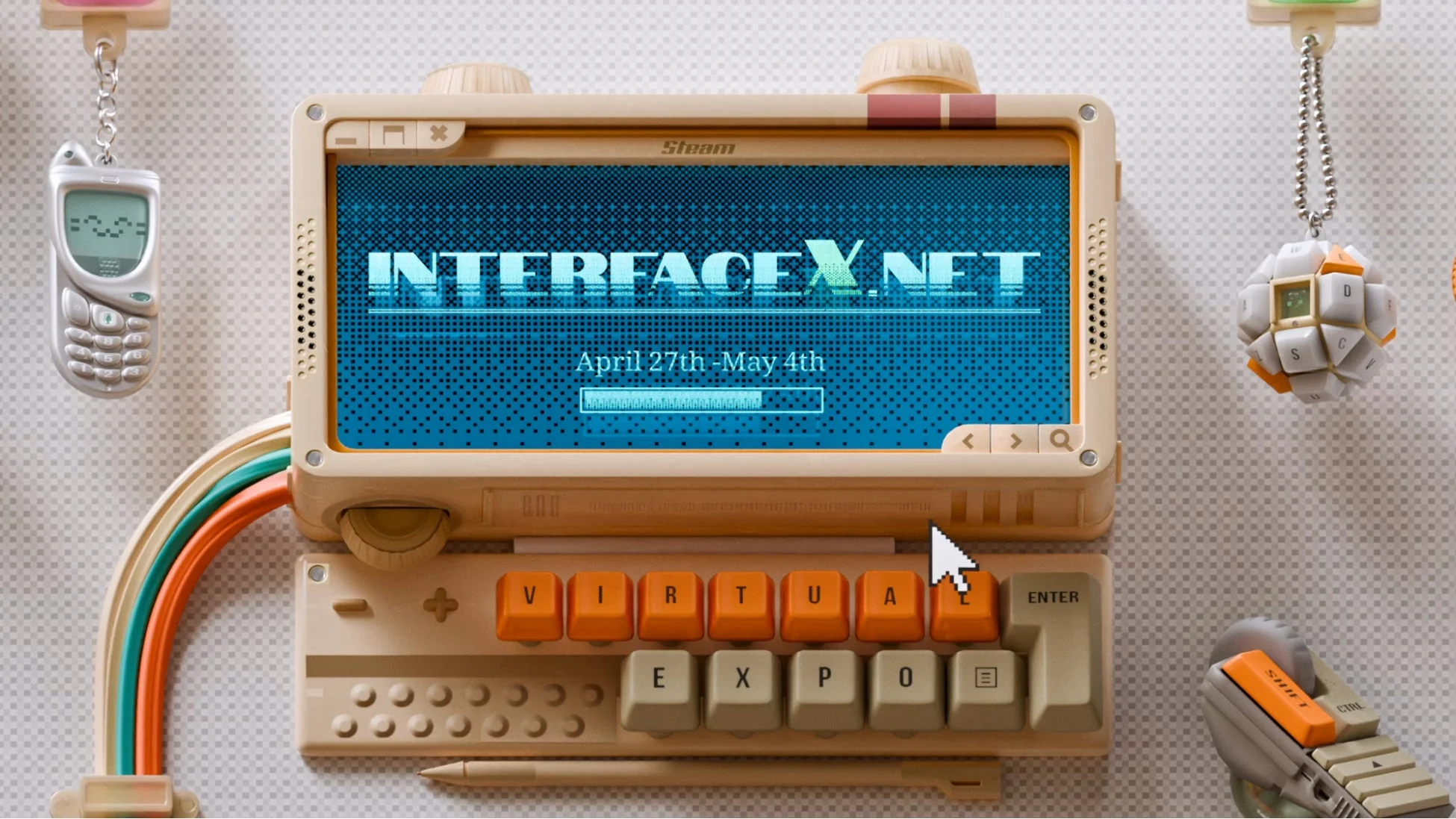 レトロフューチャーなデザインのコンピュータとキーボード