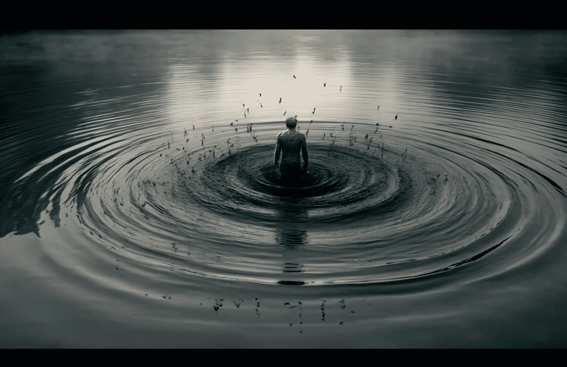 水中に立つ人物と波紋