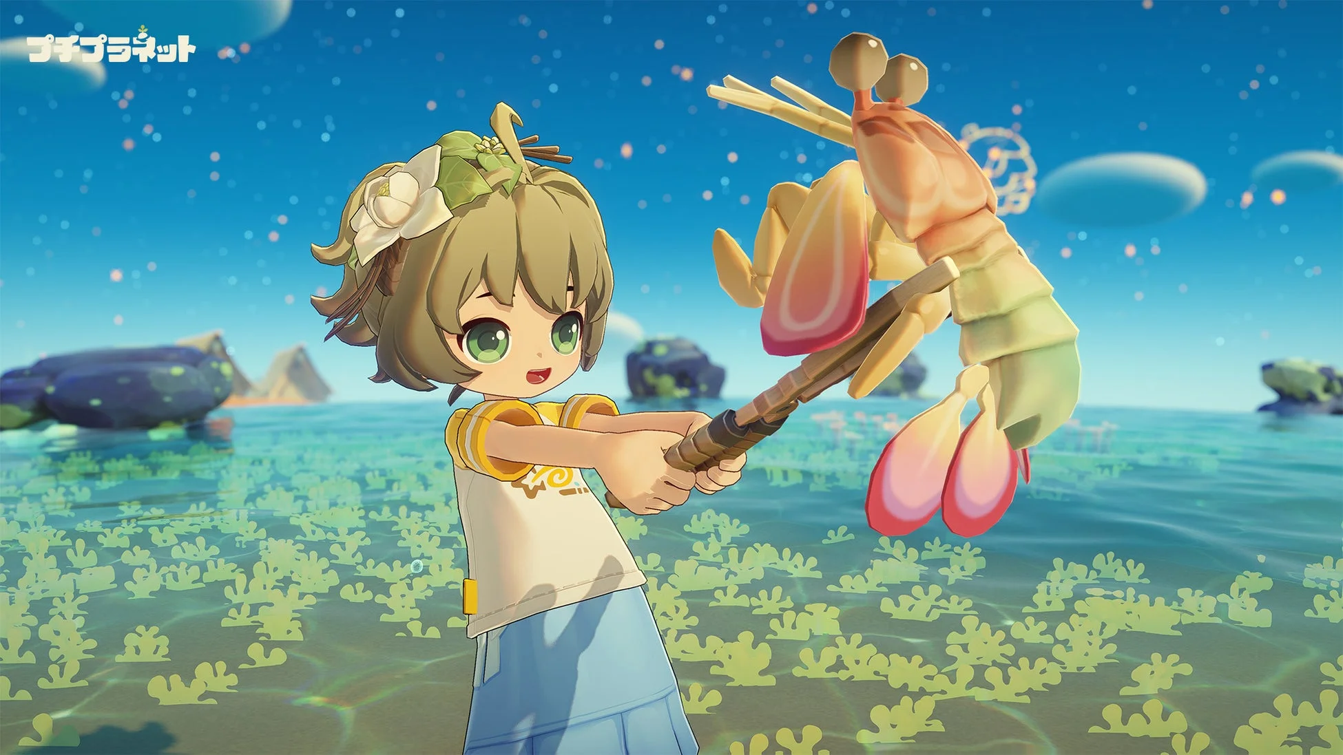 浅瀬で大きなシャコのような甲殻類を捕まえている、緑の髪と花飾りの可愛らしいアニメ風の少女