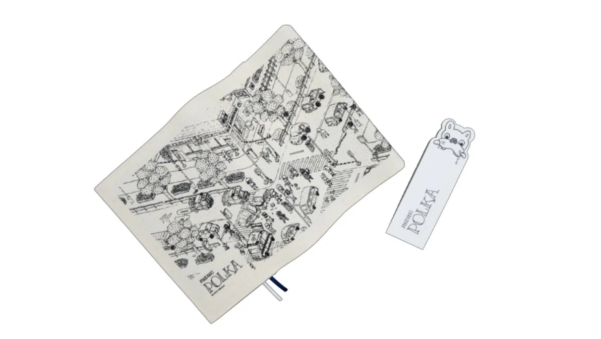 街並みのイラストが描かれたブックカバーと、動物のキャラクターが付いたしおり。