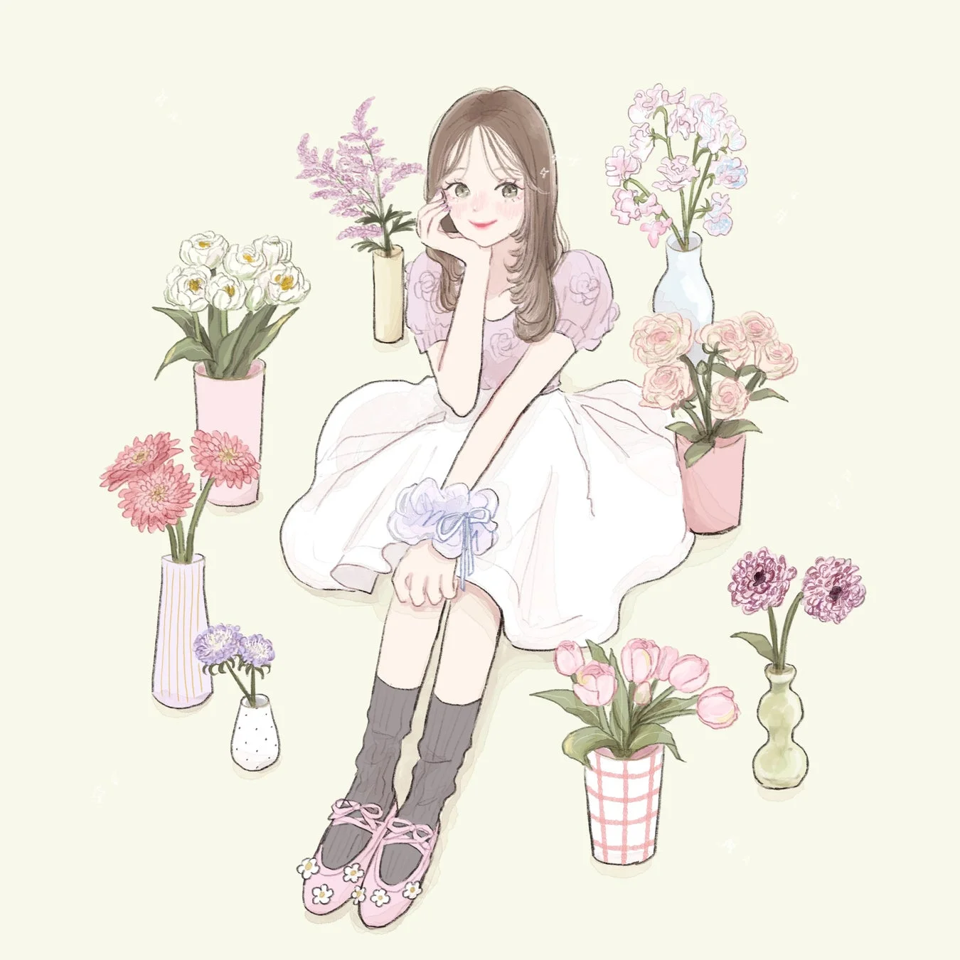 鉢植えの花と少女のイラスト