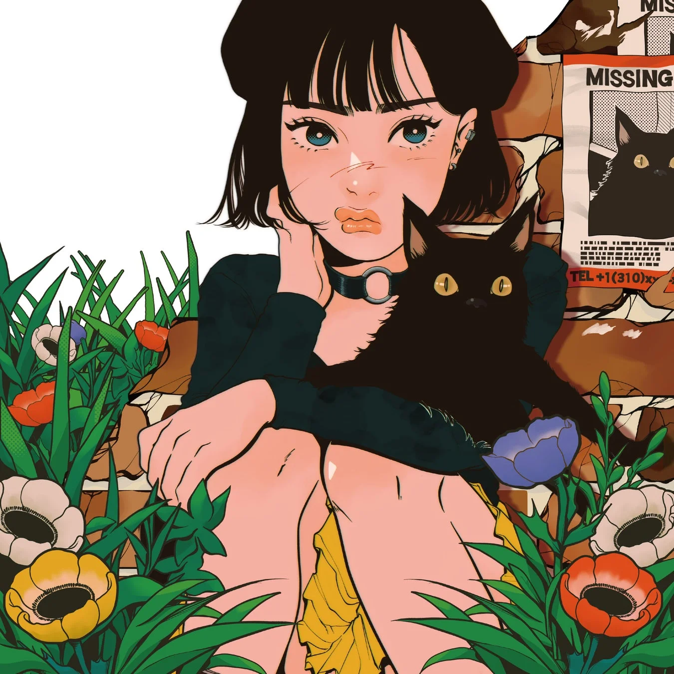 少女と黒猫のイラスト