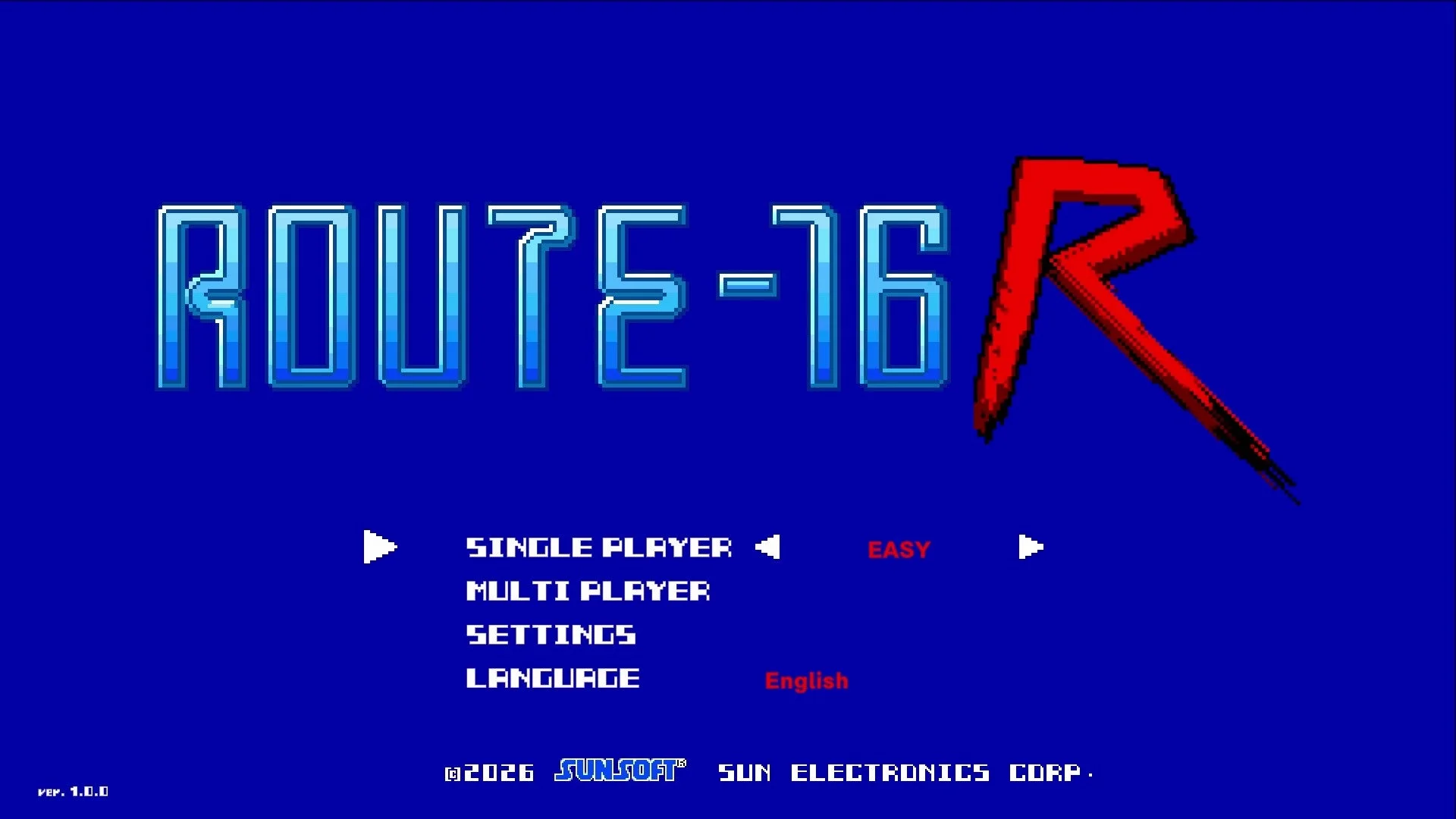 青い背景に「ROUTE-16 R」のロゴが大きく表示されたビデオゲームのタイトル画面